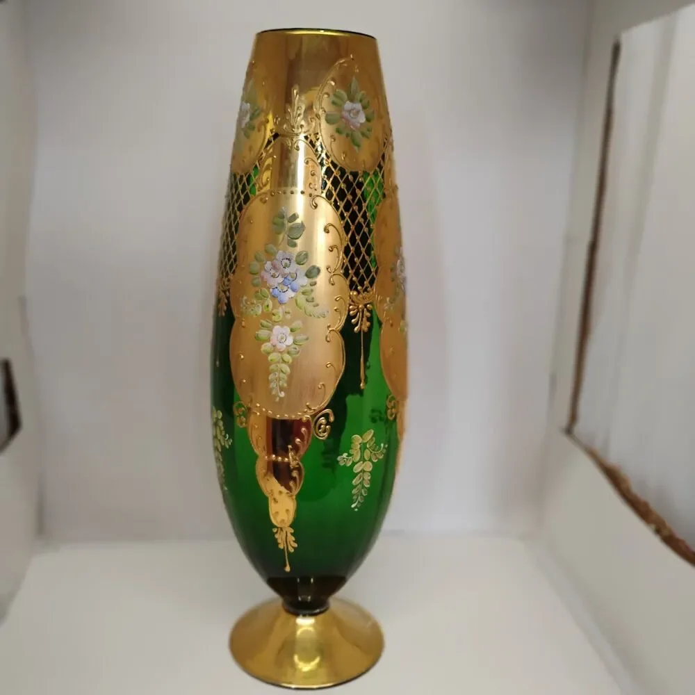 18” Handmade Italian Decorative Vase – Green & Gold Bohemian Glass-hand painted